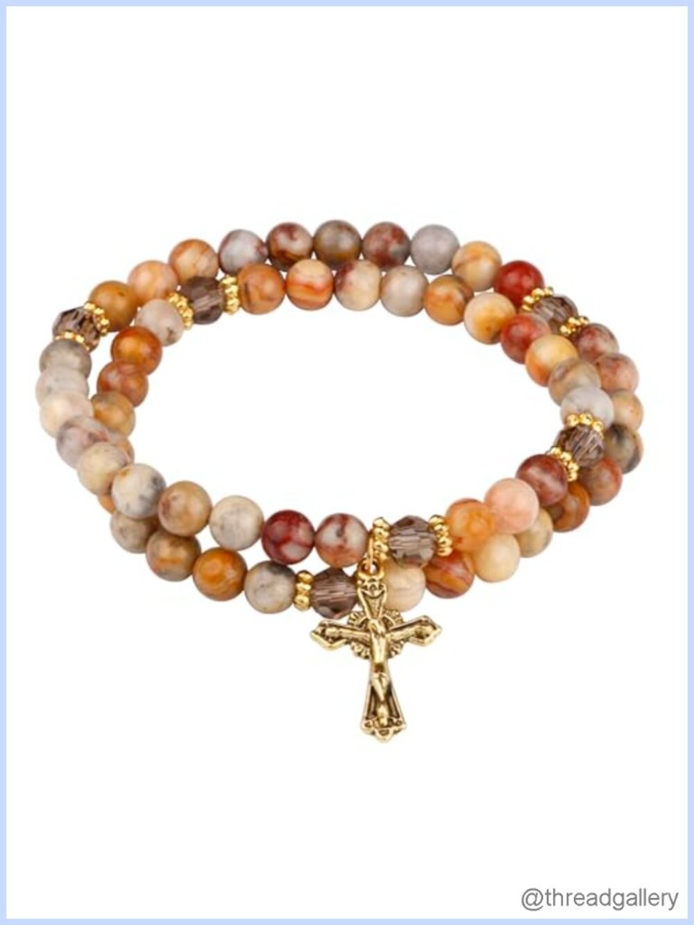 Natural Crazy Lace Stone Catholic Rosary Bracelet with Gold Jesus Crucifix